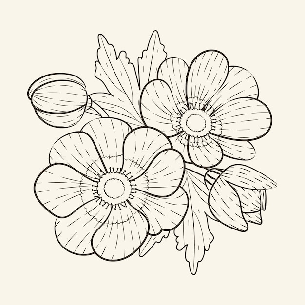 手描きのシンプルな花のアウトラインイラスト