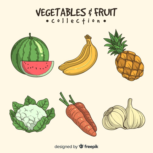 Ручной обращается простая коллекция фруктов и овощей
