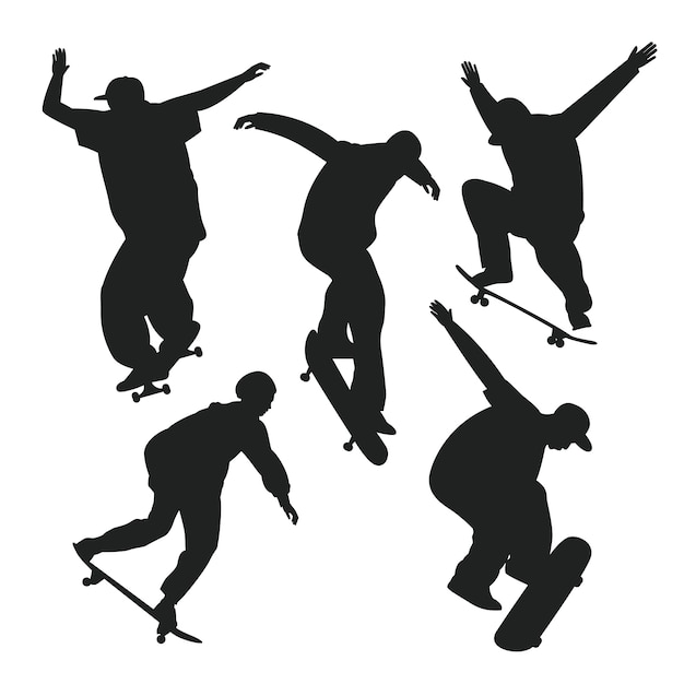 Free vector hand drawn skateboard silhouette set