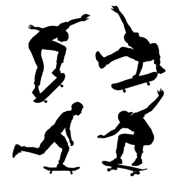 Vettore gratuito set di silhouette di skateboard disegnate a mano