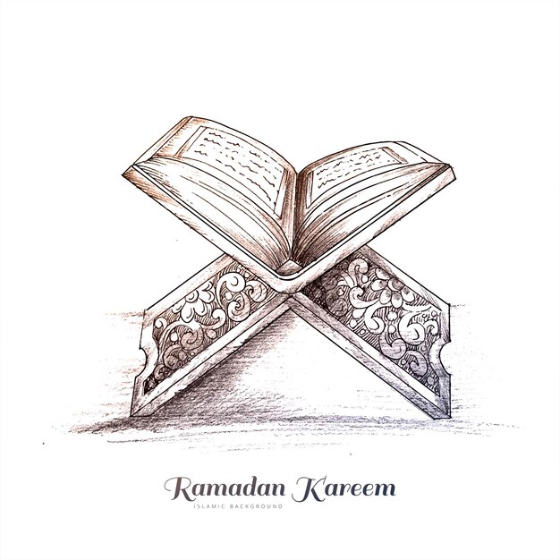 Hand drawn sketch of holy book of the koran on the stand ramadan kareem design