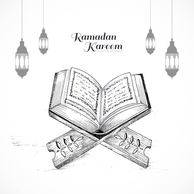 Ручной рисунок священной книги корана на стенде рамадан карим дизайн