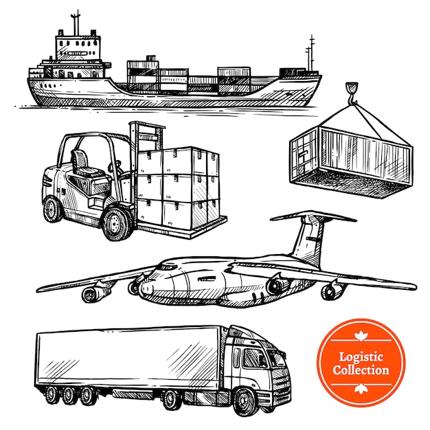 Vettore gratuito insieme di logistica schizzo disegnato a mano