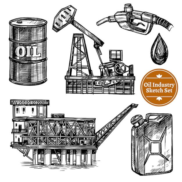 Набор рисованной эскиз нефтяной промышленности