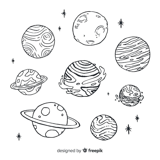 Vettore gratuito collezione di pianeti schizzo disegnato a mano in stile doodle