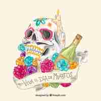 Free vector hand drawn skull, bottle and flowers