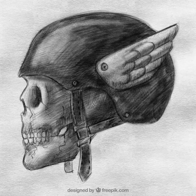 Hand drawn skull and helmet background with wings
