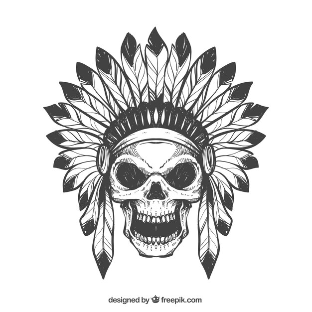 Hand drawn skull with feathers hat 