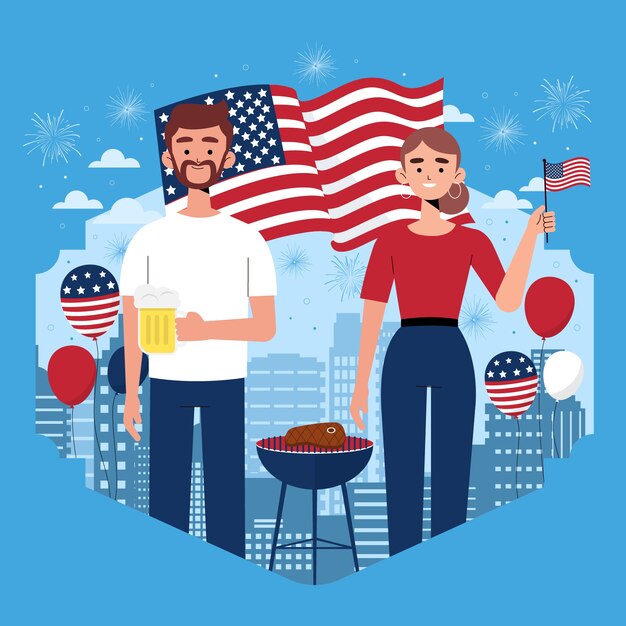 Hand drawn smiley people 4th of july illustration