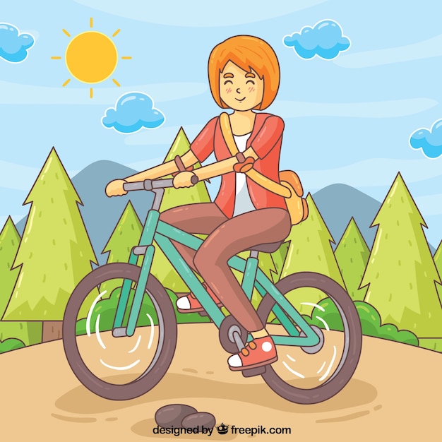 Hand drawn smiley woman on bike