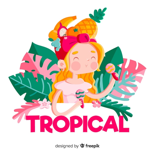 Hand drawn smiling blonde tropical girl background