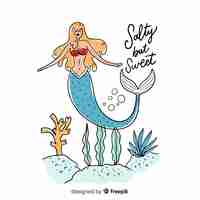 Free vector hand drawn smiling mermaid character