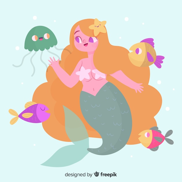 Hand drawn smiling mermaid character