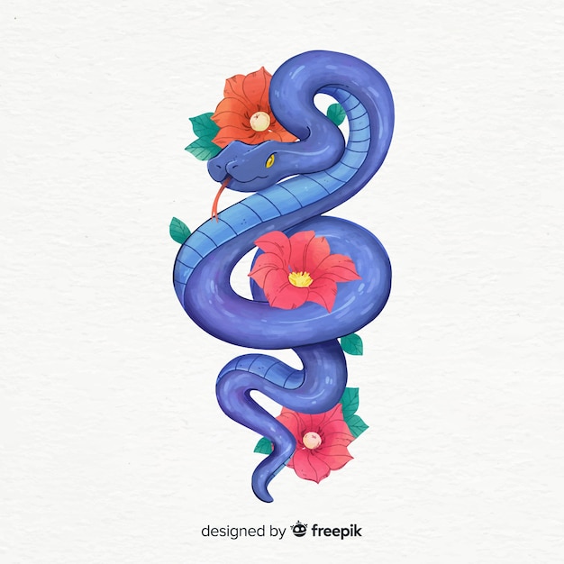手描きのヘビと花のイラスト