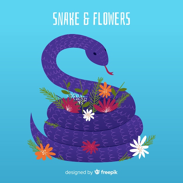 Free vector hand drawn snake and flowers  illustration