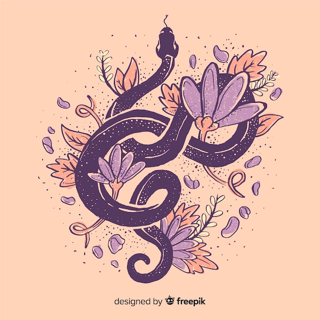Рисованная змея в окружении цветов