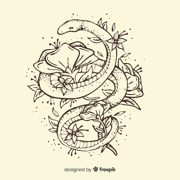 Hand drawn snake surrounded by flowers