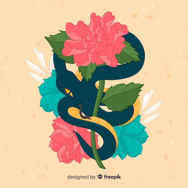 Vettore gratuito serpente disegnato a mano con sfondo di fiori colorati