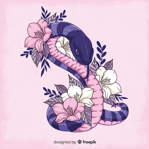 Vettore gratuito serpente disegnato a mano con sfondo di fiori