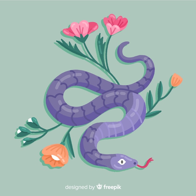 Vettore gratuito serpente disegnato a mano con sfondo di fiori