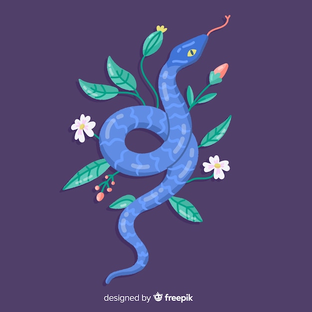 Free vector hand drawn snake with flowers background