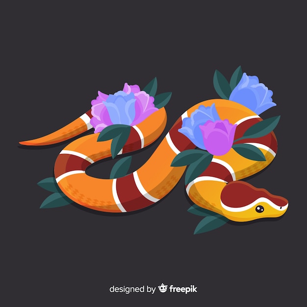 Free vector hand drawn snake with flowers background