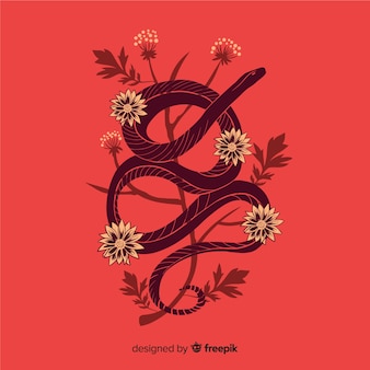 花​の​背景​と​手描き​の​ヘビ