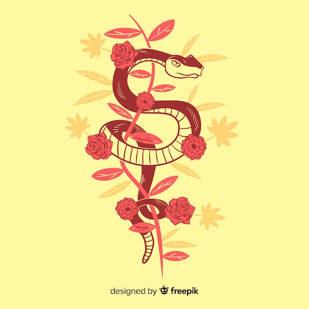 Free vector hand drawn snake with flowers background