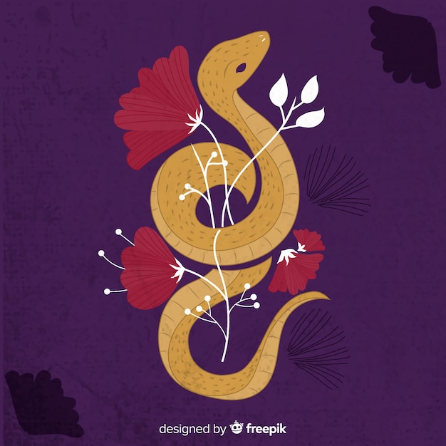 Free vector hand drawn snake with flowers background