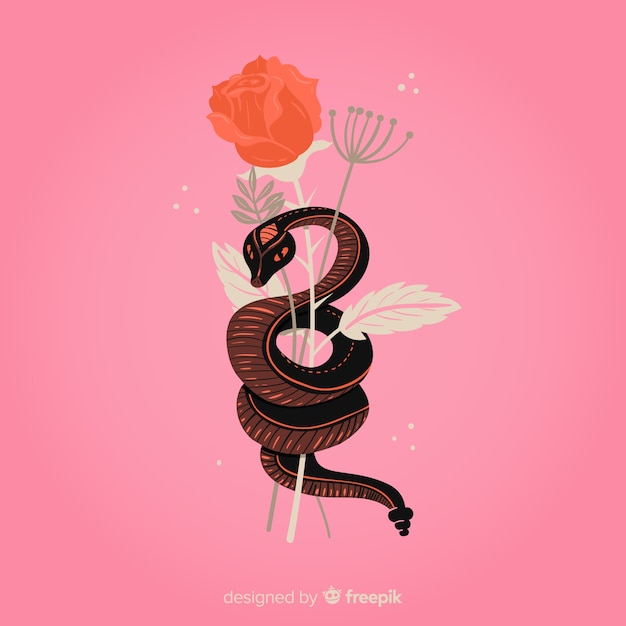 Free vector hand drawn snake with flowers background