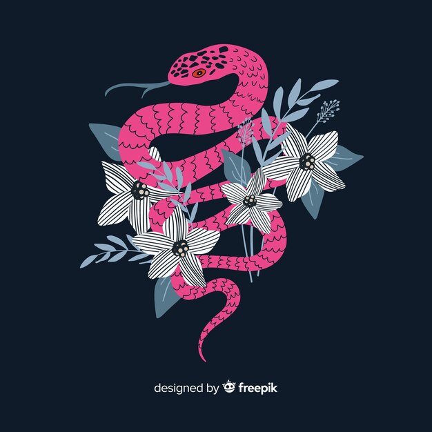 Hand drawn snake with flowers background