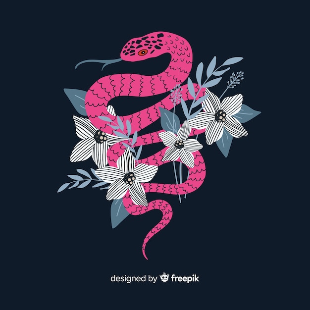Hand drawn snake with flowers background