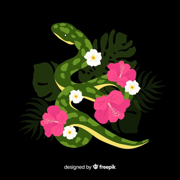 花の背景と手描きのヘビ
