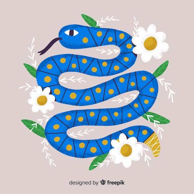 Hand drawn snake with flowers background