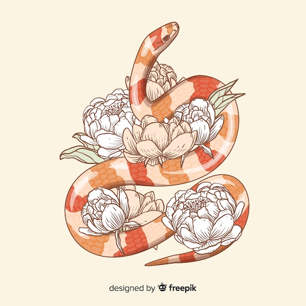 Serpente disegnato a mano con sfondo di fiori