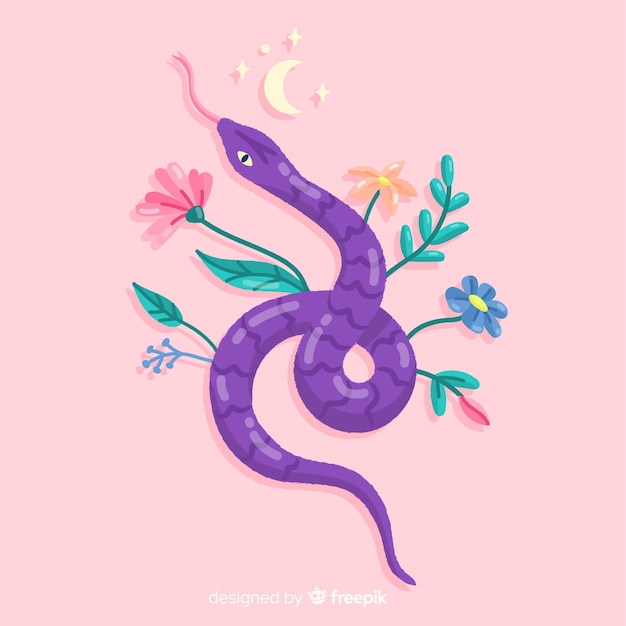 Hand drawn snake with flowers background