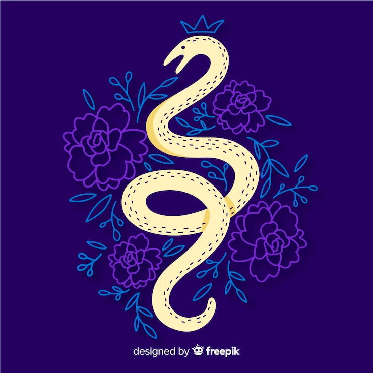 Free Vector hand drawn snake with flowers dark background