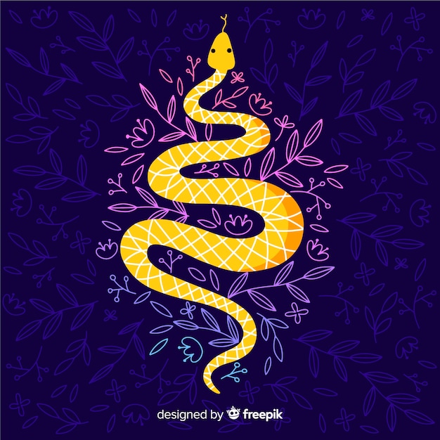 Hand drawn snake with flowers dark background