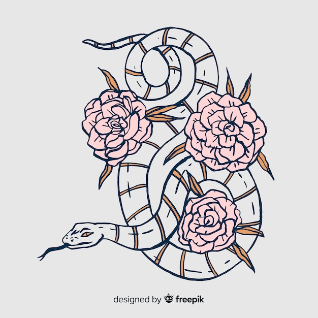 Hand drawn snake with flowers illustration