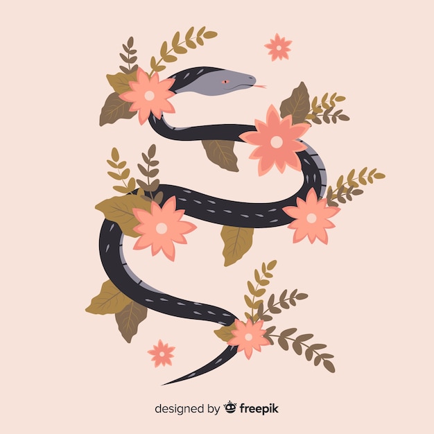 Hand drawn snake with flowers illustration