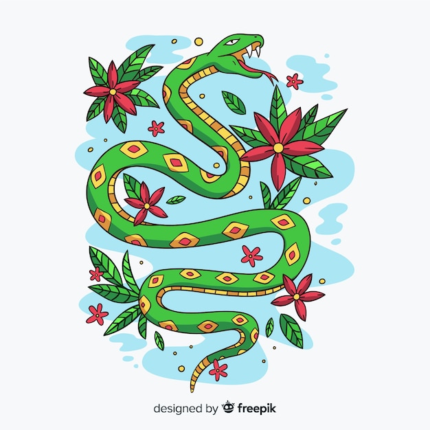 Free vector hand drawn snake with flowers illustration