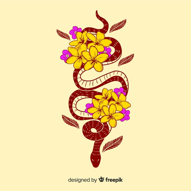 Hand drawn snake with flowers illustration