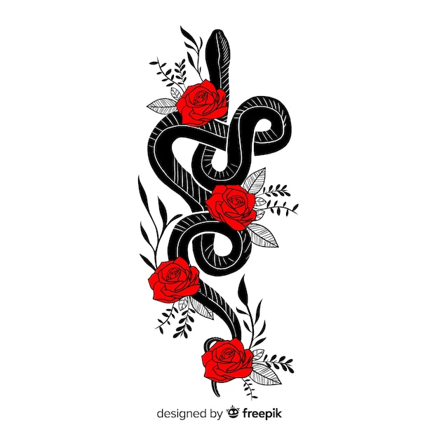 Serpente disegnato a mano con illustrazione di fiori