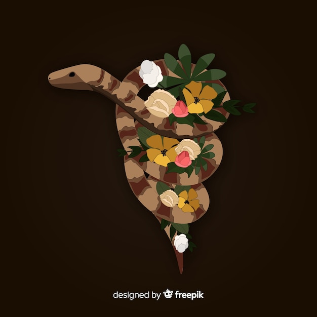 Free vector hand drawn snake with flowers