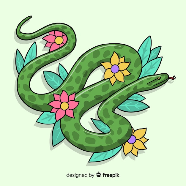 手描きの蛇と花