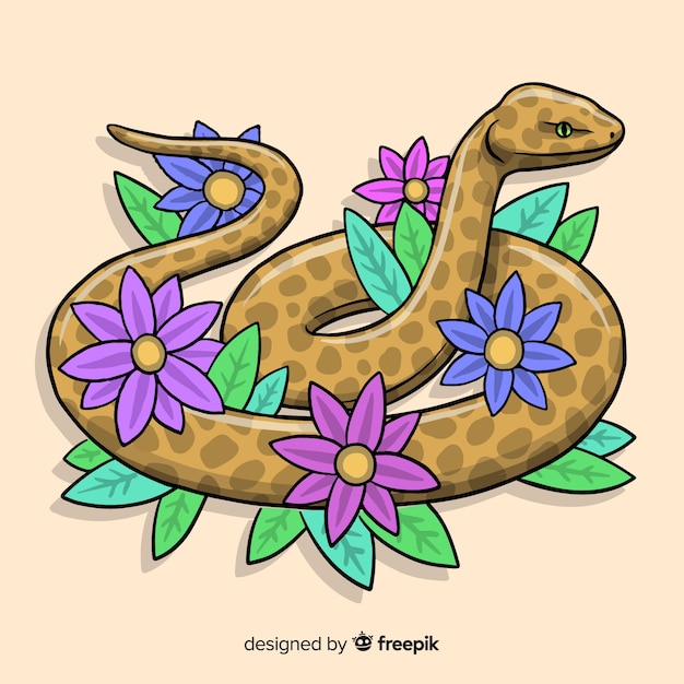 Free vector hand drawn snake with flowers