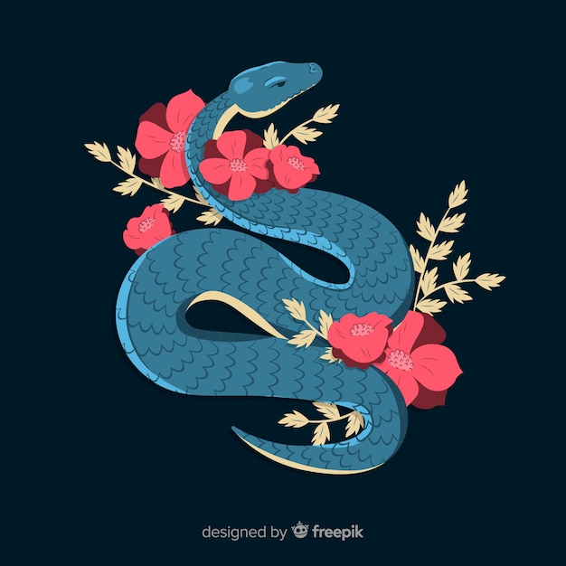 Hand drawn snake with flowers