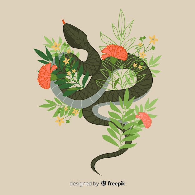 Hand drawn snake with flowers