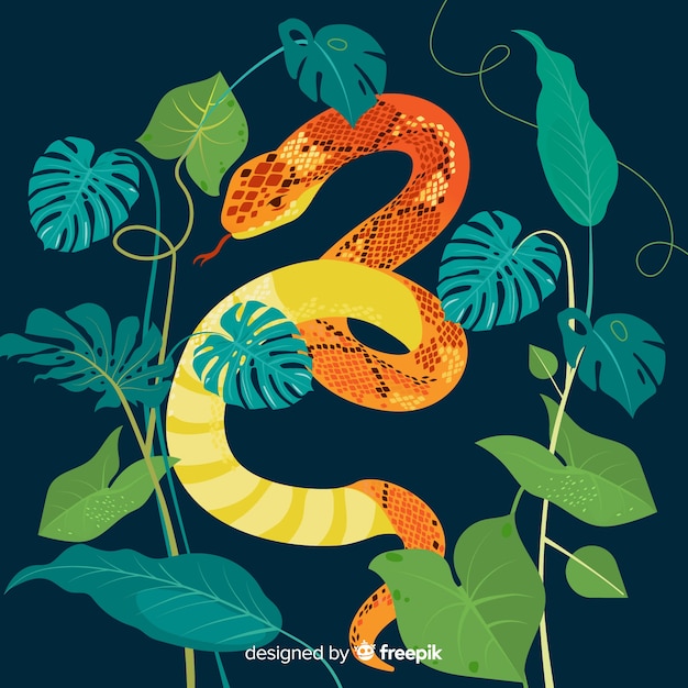 Free vector hand drawn snake with leaves background