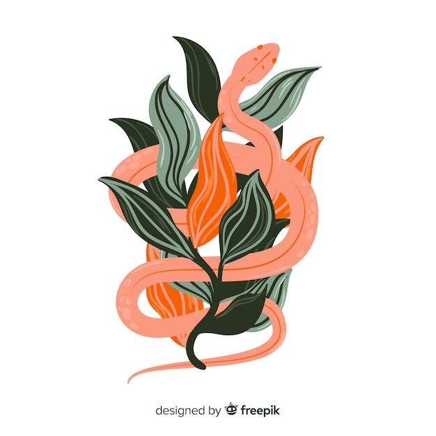 Free vector hand drawn snake with leaves background